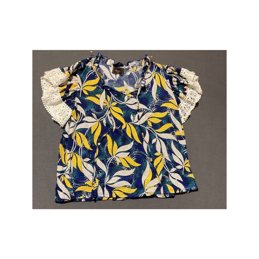 Amana 1X Floral Boho Blouse Crochet Sleeves Vibrant‎ Print Women’s Top
